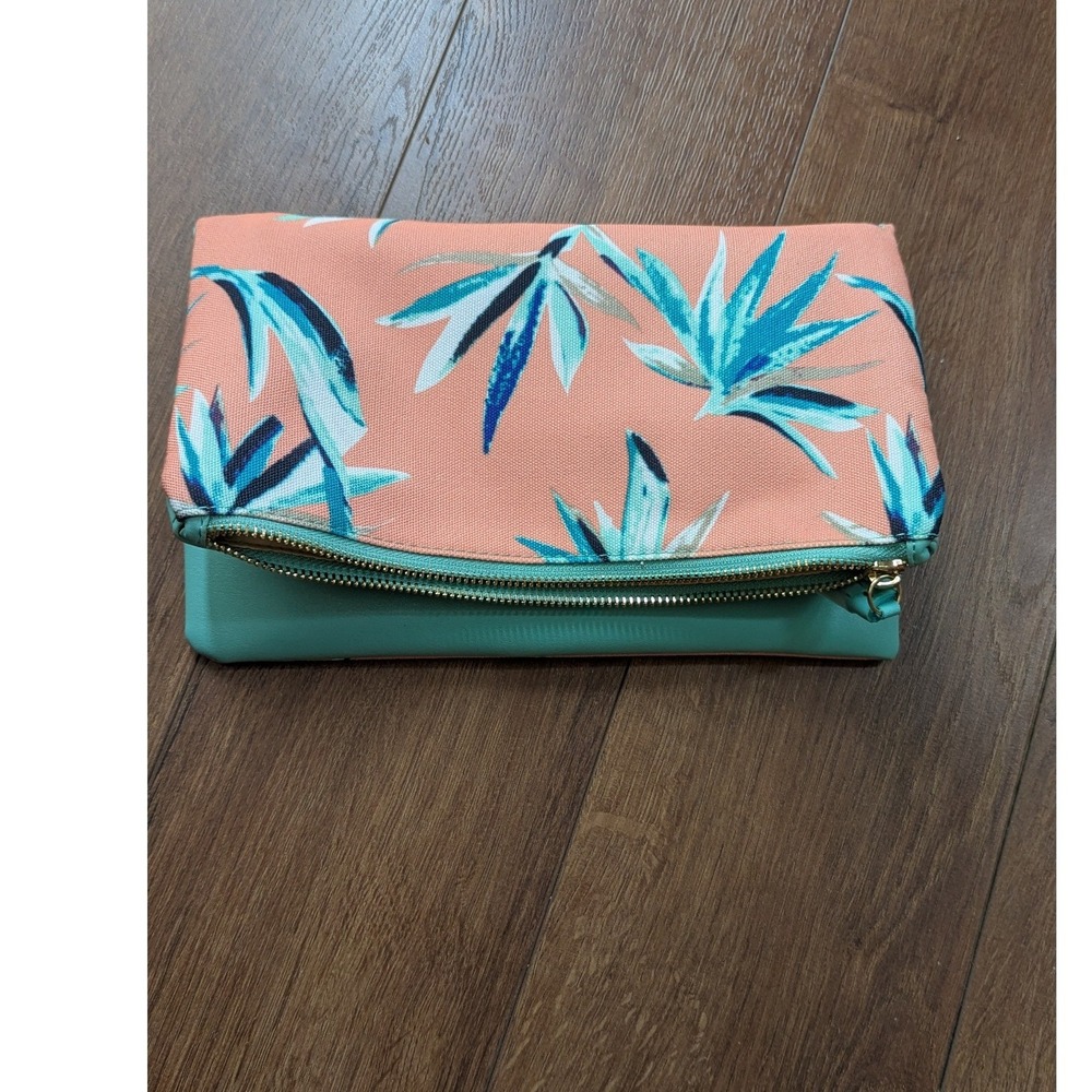 Rachel Pally Tropical Bird of Paradise Foldover Clutch Mint Peach Gold Tassel